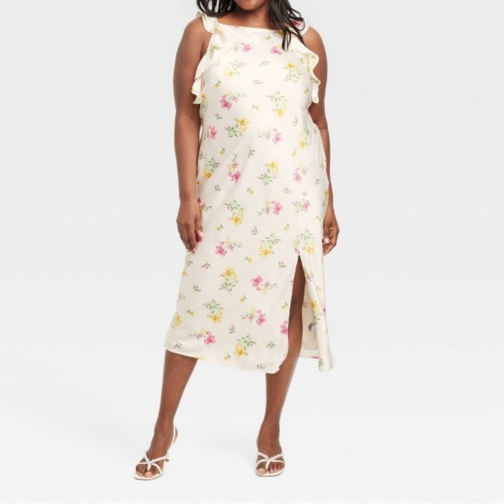 a new day Maxi Dress Ruffle Sleeve Satin Cream Pink Floral Size XXL NWT